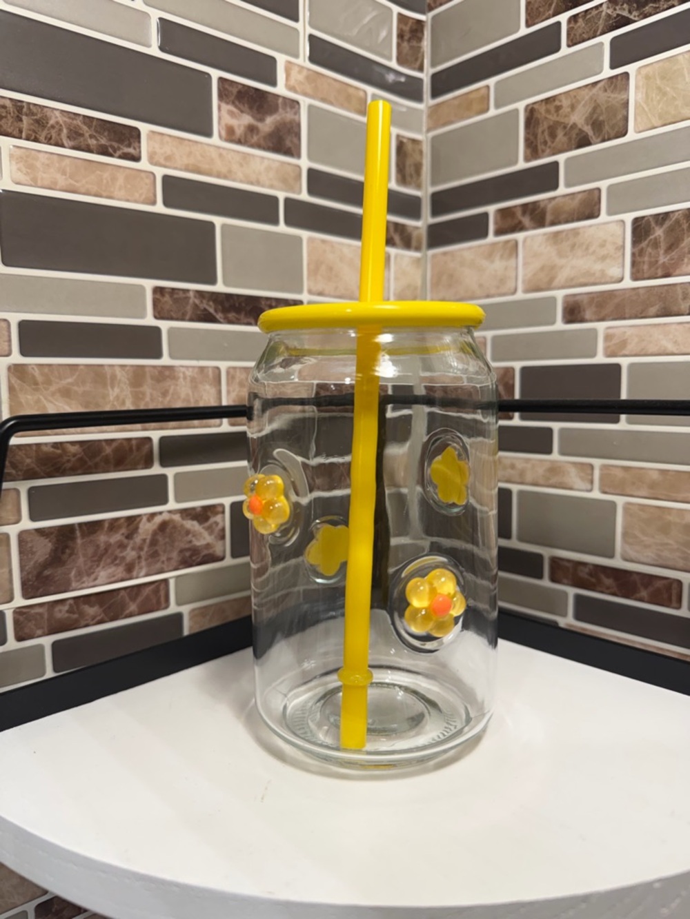 Glass Floral Tumbler with Yellow lid & Straw